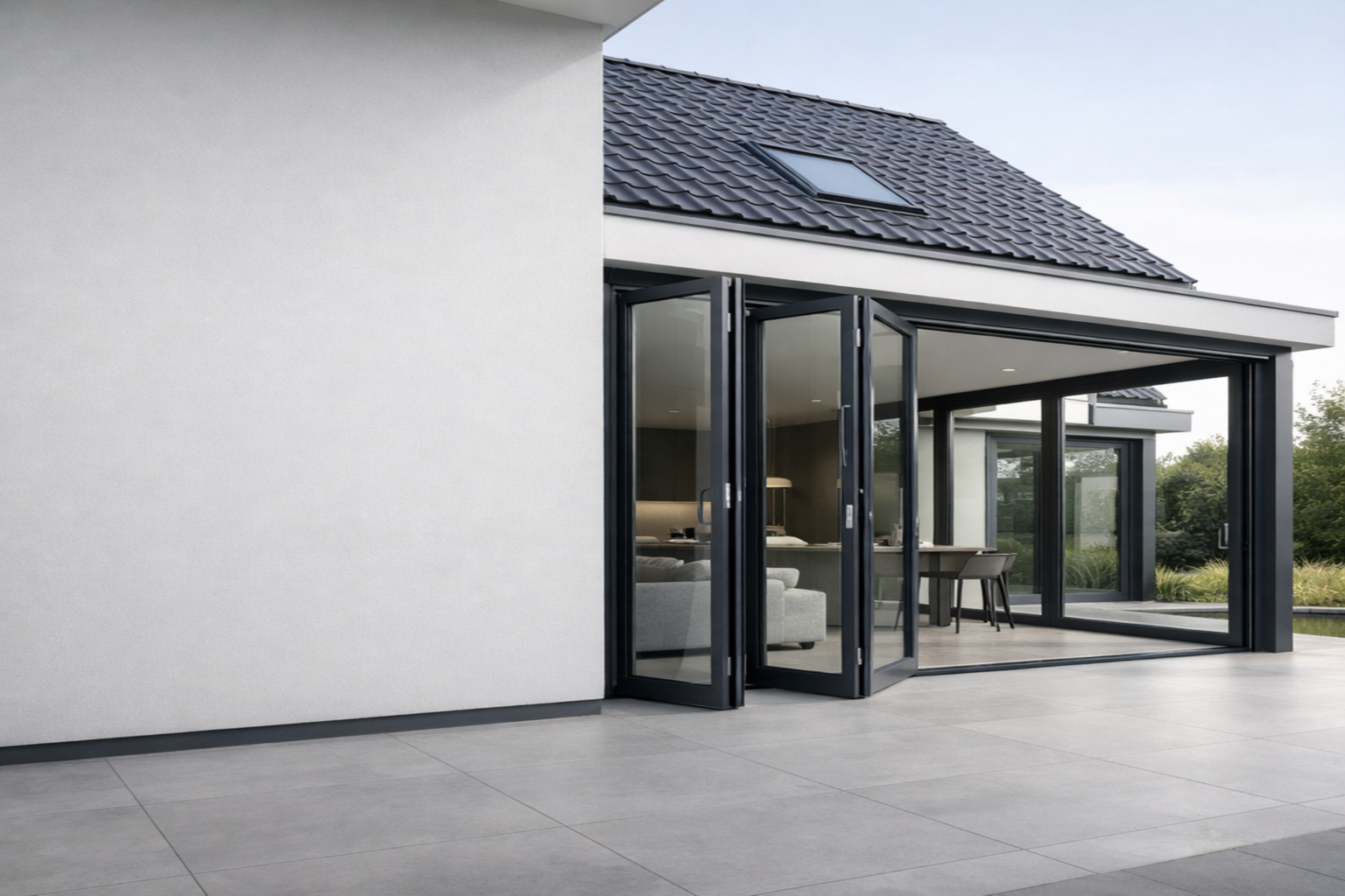 Opengevouwen aluminium vouwwand naar terras